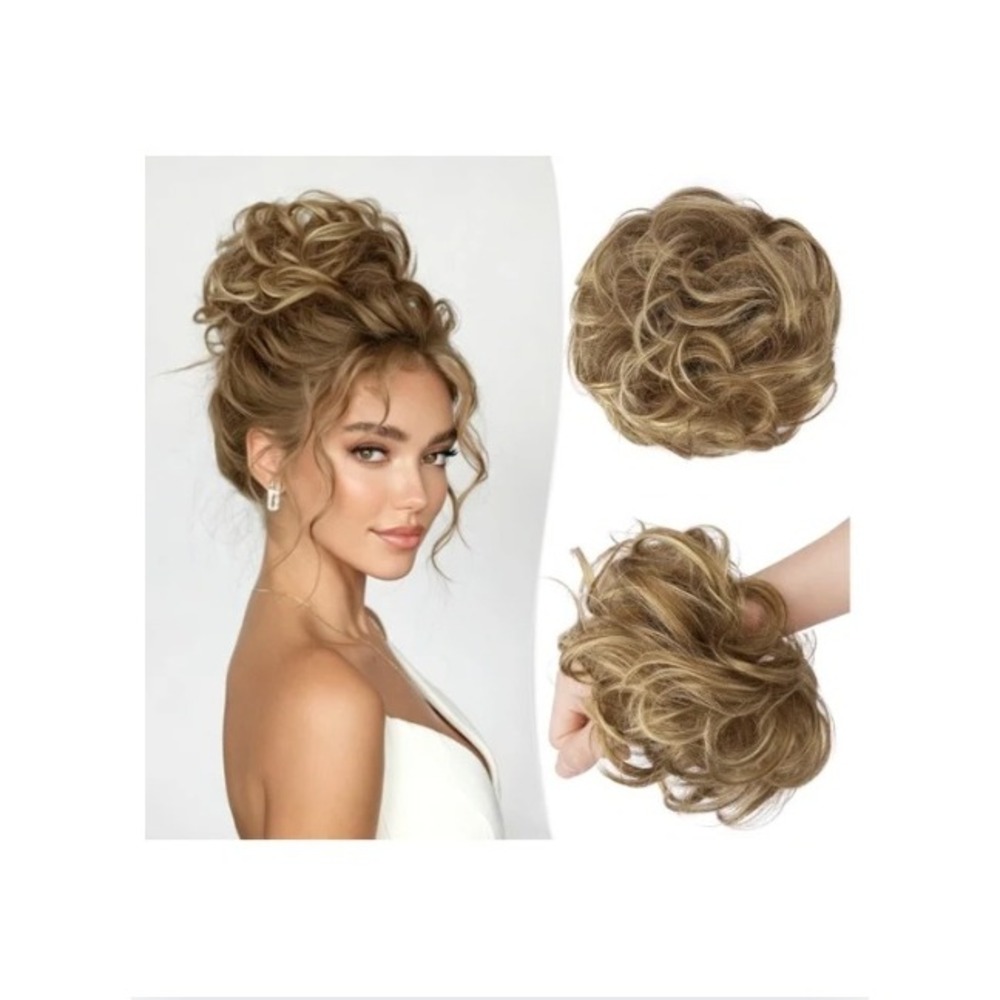 RUWISS Human Hair Messy Bun Extension Medium Auburn Blonde Highlights Updo Piece